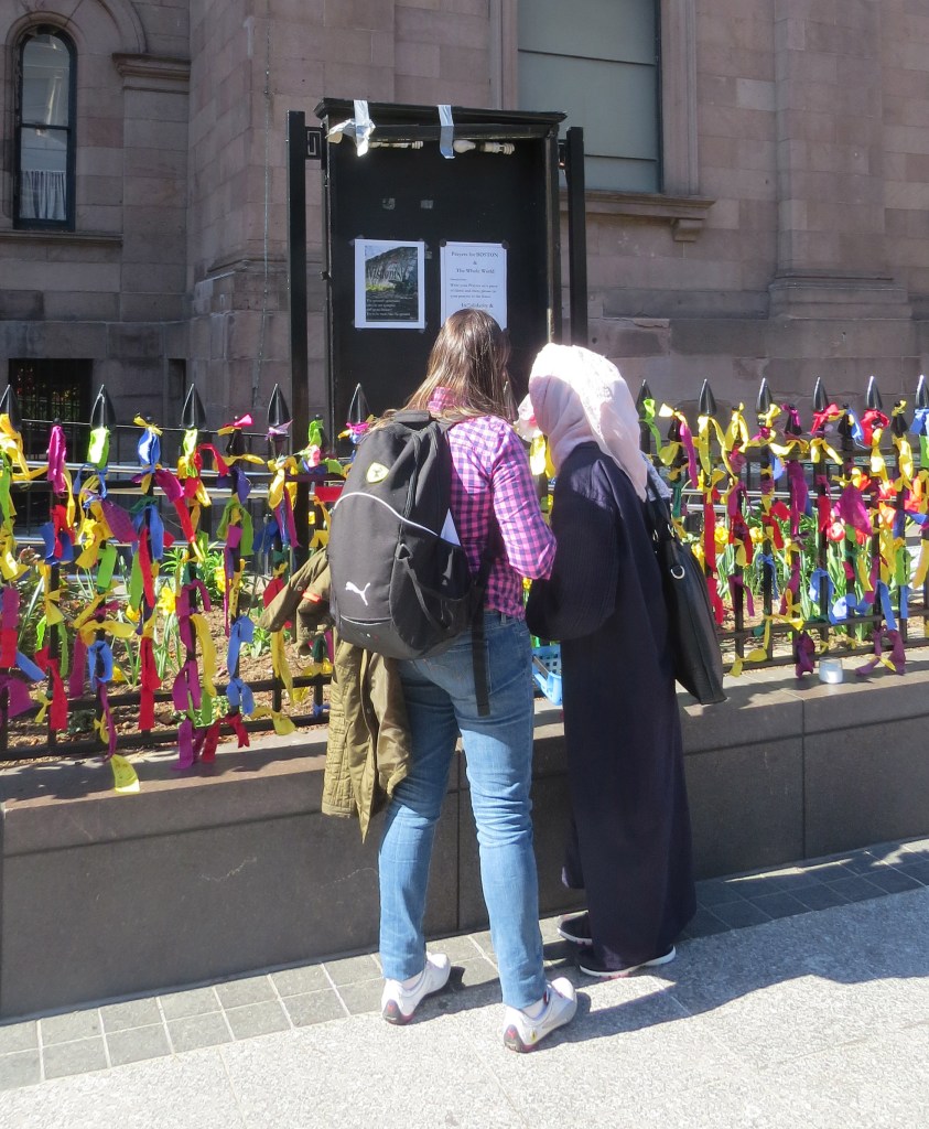 Prayers for Boston & The Whole World: Write your prayers on a piece of fabric and then, please tie your prayers to the fence.  In Solidarity and In LOVE